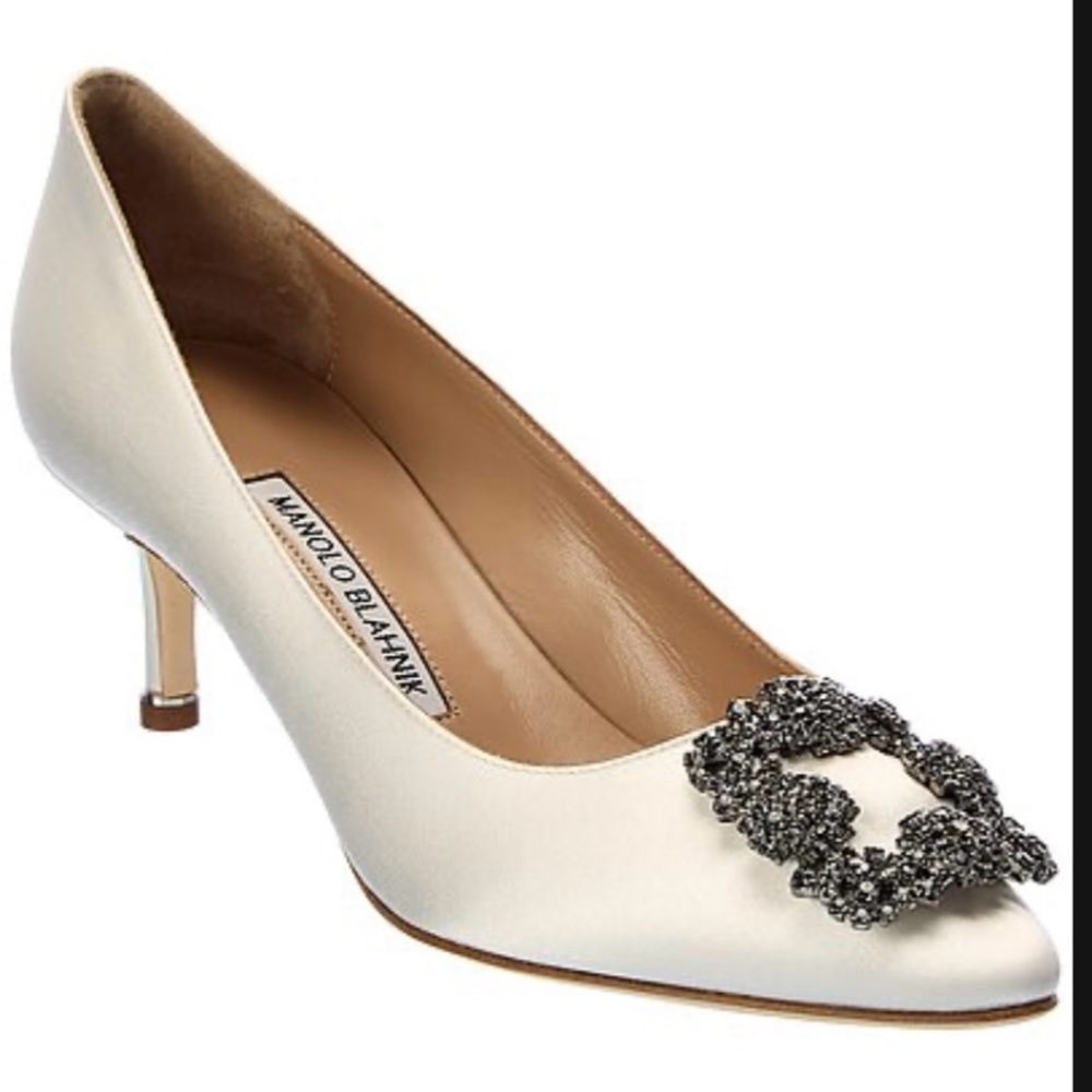 Manolo Blahnik Ivory Satin Heels with Jeweled Buckle